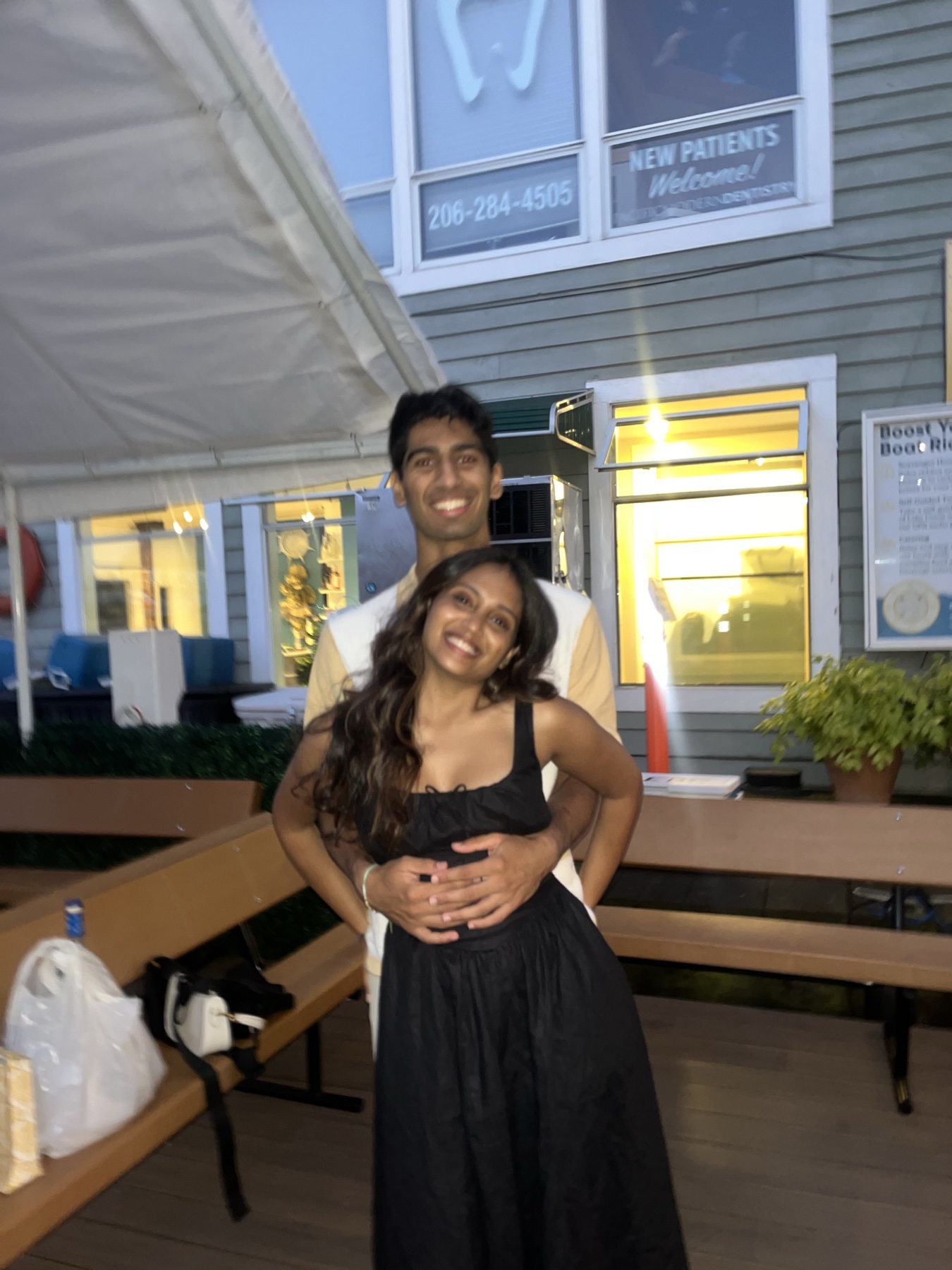 Keerthana and Yagnya outside a restaurant